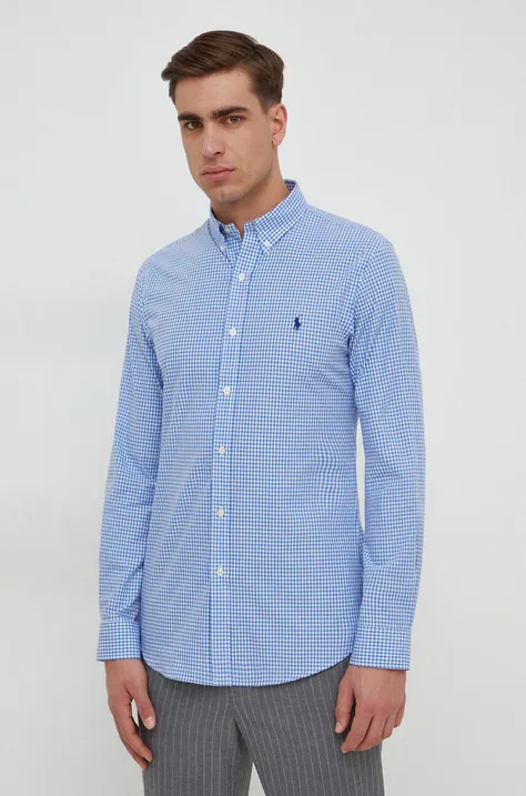 Риза Polo Ralph Lauren мъжка в синьо с кройка по тялото яка копче 710928254