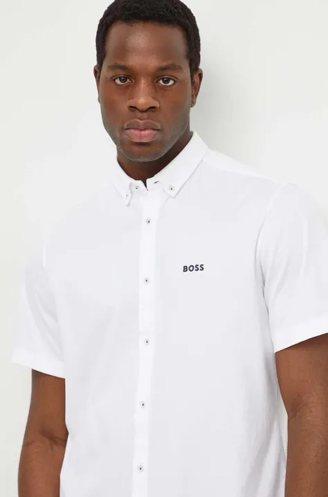 Памучна риза Boss Green мъжка в бяло със стандартна кройка с яка копче 50512005