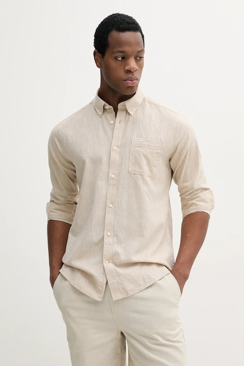 Ľanová košeľa Barbour biela farba, slim, s golierom button-down