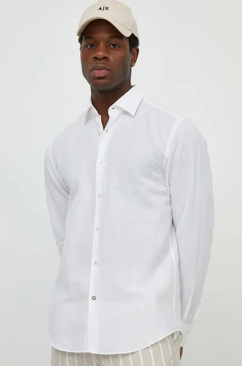 Lněná košile BOSS bílá barva, regular, s klasickým límcem, 50513661