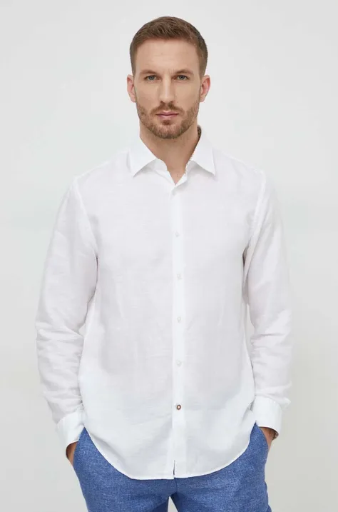BOSS koszula lniana kolor biały regular z kołnierzykiem klasycznym