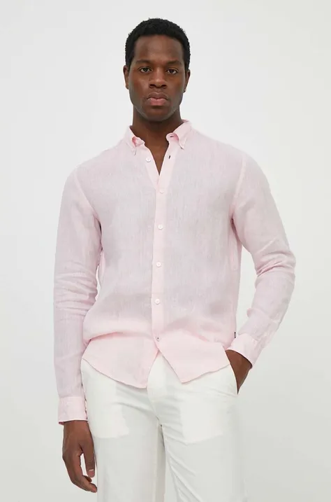 Lanena košulja BOSS boja: ružičasta, regular, s button-down ovratnikom