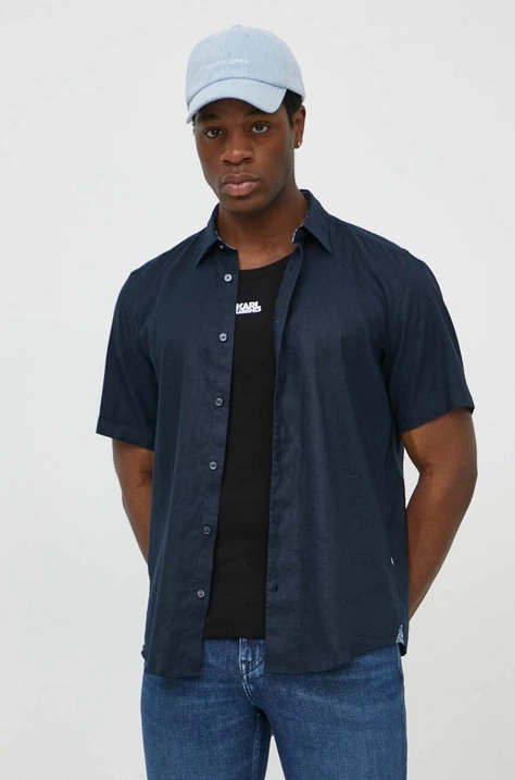 BOSS camicia di lino colore blu navy