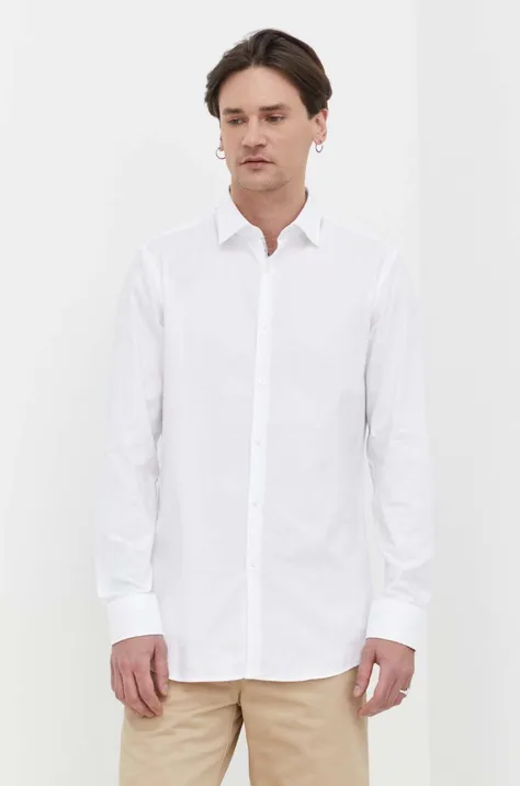 HUGO koszula bawełniana męska kolor biały slim z kołnierzykiem klasycznym