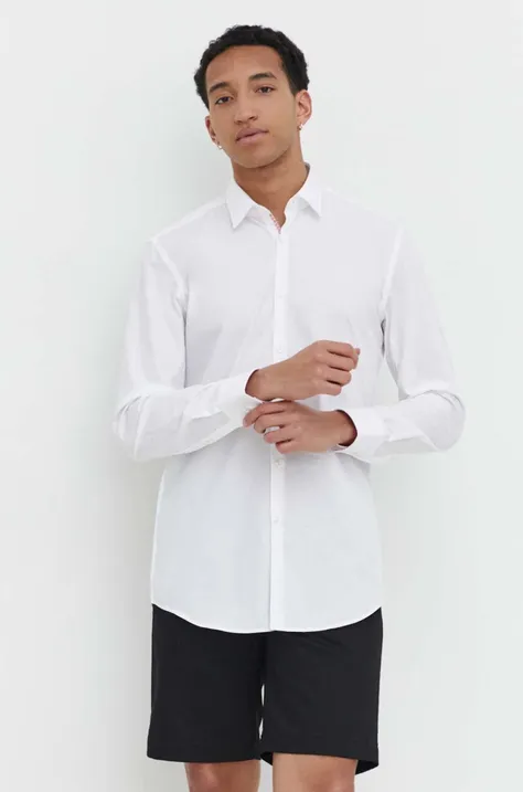 Pamučna košulja HUGO za muškarce, boja: bijela, slim, s klasičnim ovratnikom, 50513932