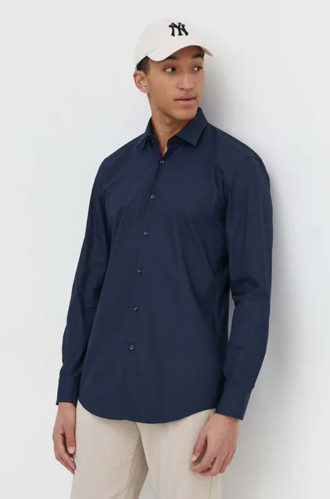 Βαμβακερό πουκάμισο HUGO ανδρικό, χρώμα: ναυτικό μπλε