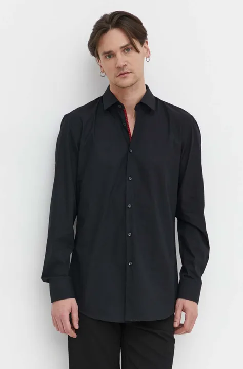Bavlněná košile HUGO černá barva, slim, s klasickým límcem, 50513932