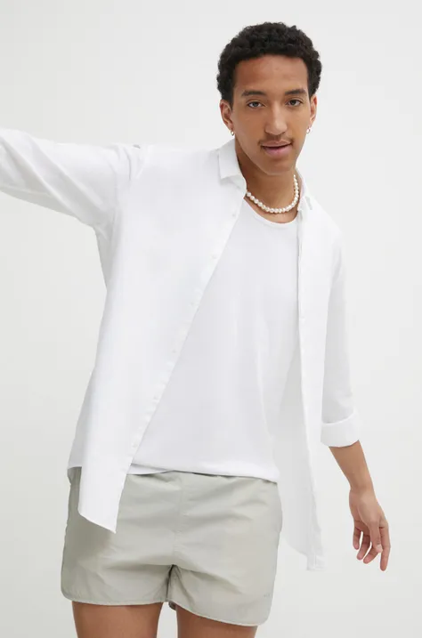 Košulja s dodatkom lana HUGO boja: bijela, slim, s klasičnim ovratnikom