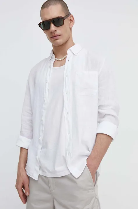 Ľanová košeľa HUGO biela farba, regular, s golierom button-down, 50514162