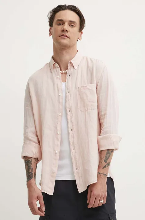 Lněná košile HUGO růžová barva, regular, s límečkem button-down, 50514162