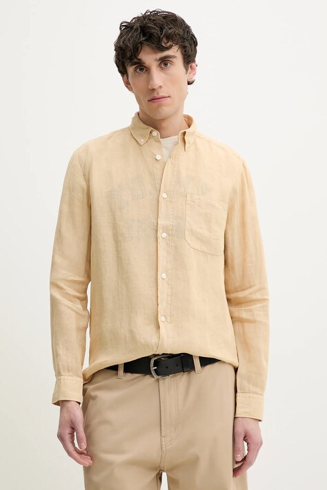 Lněná košile HUGO béžová barva, regular, s límečkem button-down, 50514162