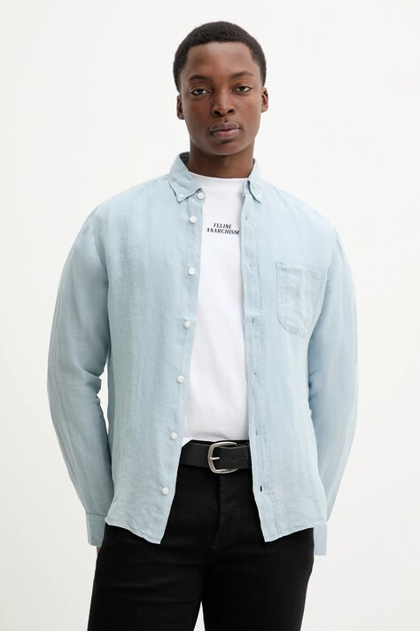 Lněná košile HUGO modrá barva, regular, s límečkem button-down, 50514162