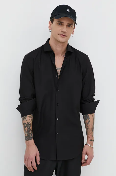 Bavlnená košeľa HUGO pánska, čierna farba, slim, s talianskym golierom