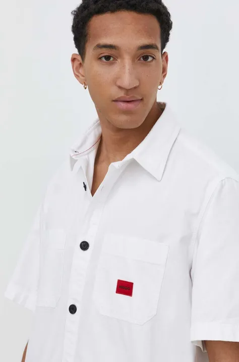 Bavlnená košeľa HUGO pánska,biela farba,voľný strih,s klasickým golierom,50495912