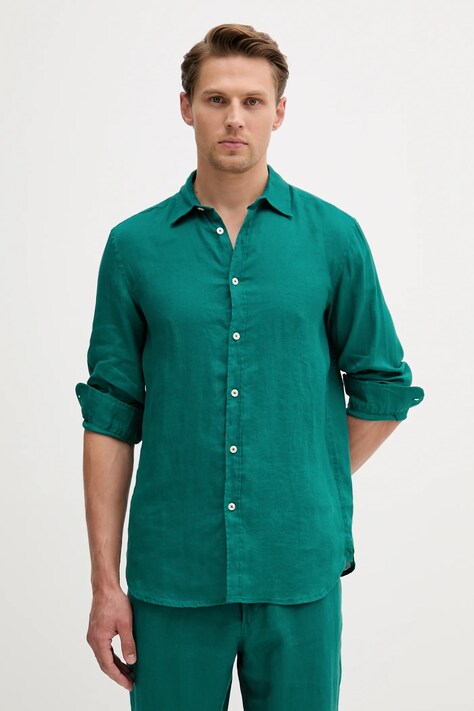 Lněná košile United Colors of Benetton modrá barva, regular, s klasickým límcem, 5BKU5QJG8