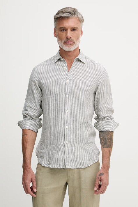 United Colors of Benetton koszula męska lniana zielona w paski 5BKU5QJG8