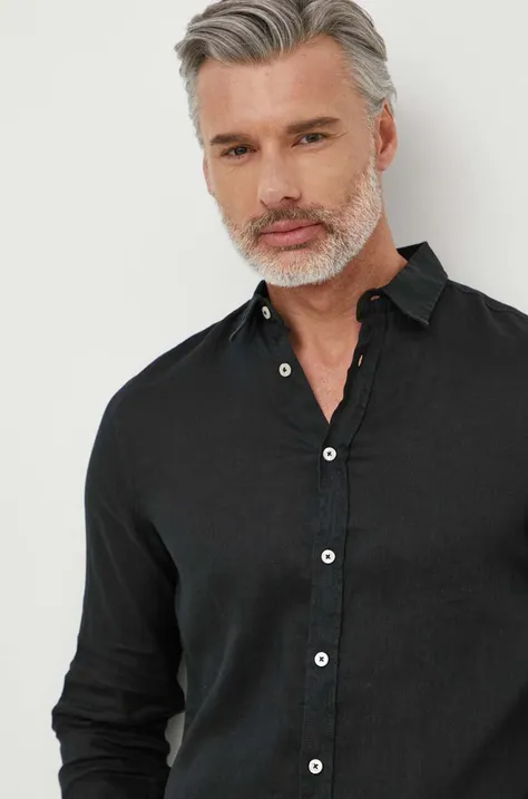 Ленена риза United Colors of Benetton в черно със стандартна кройка с класическа яка