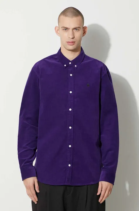 Джинсова риза Carhartt WIP Longsleeve Madison Fine Cord Shirt в лилаво със стандартна кройка с яка с копче I030580.1ZTXX