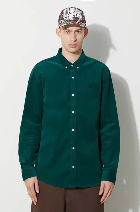 Джинсова риза Carhartt WIP Longsleeve Madison Fine Cord Shirt в зелено със стандартна кройка с яка с копче I030580.1ZUXX