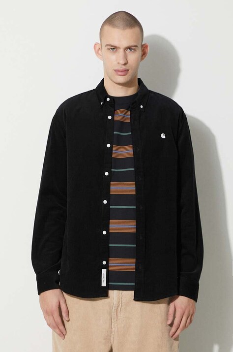 Вельветовая рубашка Carhartt WIP Longsleeve Madison Fine Cord Shirt цвет чёрный regular воротник button-down I030580.K02XX