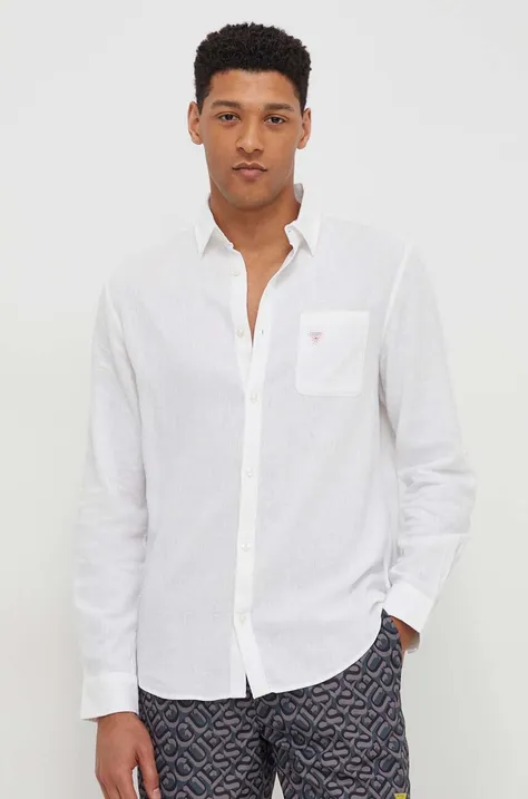 Lanena košulja Guess boja: bijela, relaxed, s klasičnim ovratnikom