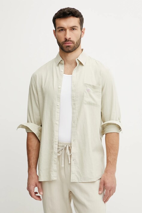 Πουκάμισο από λινό Guess χρώμα: μπεζ