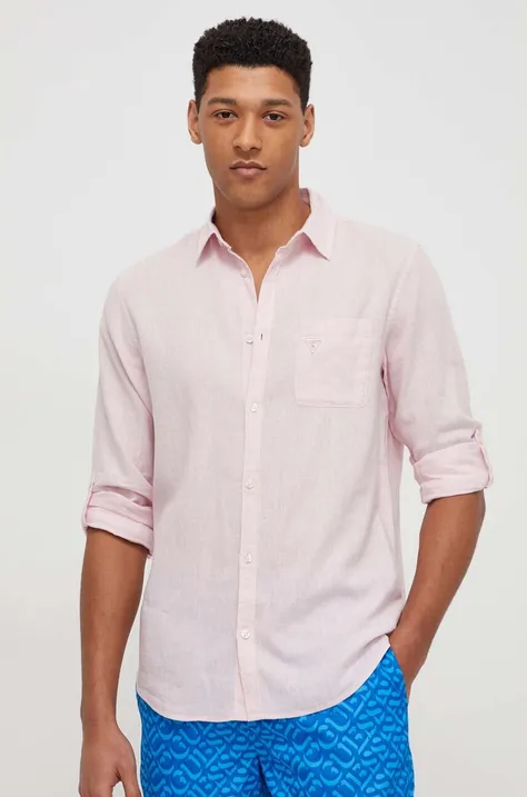 Lanena košulja Guess boja: ružičasta, relaxed, s klasičnim ovratnikom