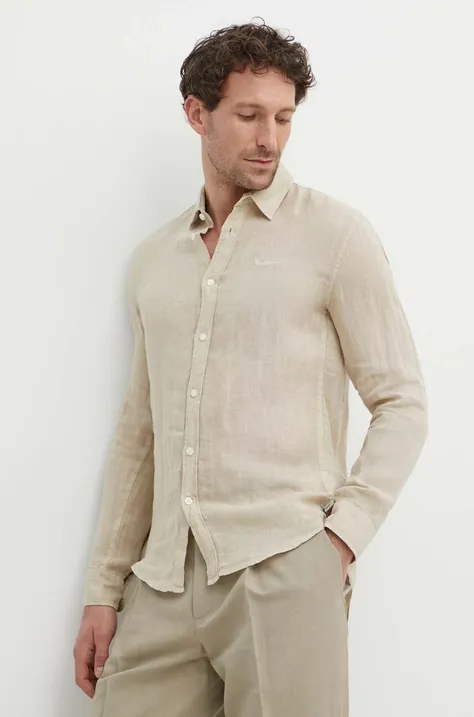 Lněná košile Pepe Jeans PAYTTON béžová barva, regular, s klasickým límcem, PM308523