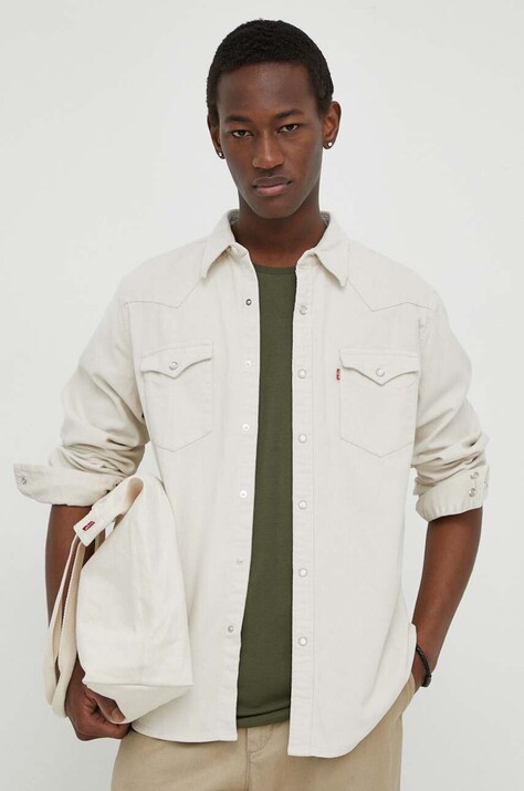 Памучна риза Levi's мъжка в сиво със стандартна кройка с класическа яка