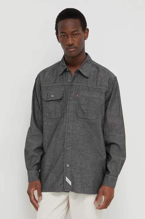 Rifľová košeľa Levi's pánska, šedá farba, voľný strih, s klasickým golierom