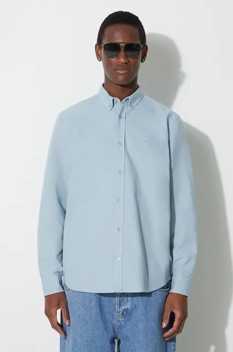 Памучна риза Carhartt WIP Longsleeve Bolton Shirt мъжка в синьо със стандартна кройка с яка с копче I030238.0F4GD