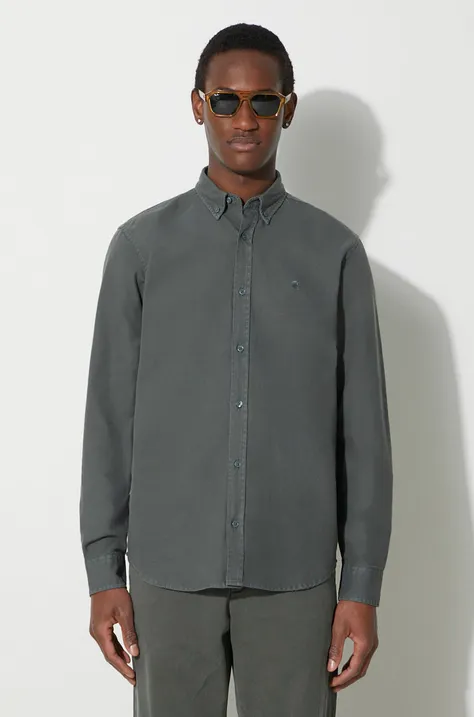 Памучна риза Carhartt WIP Longsleeve Bolton Shirt мъжка в сиво със стандартна кройка с яка с копче I030238.1CKGD