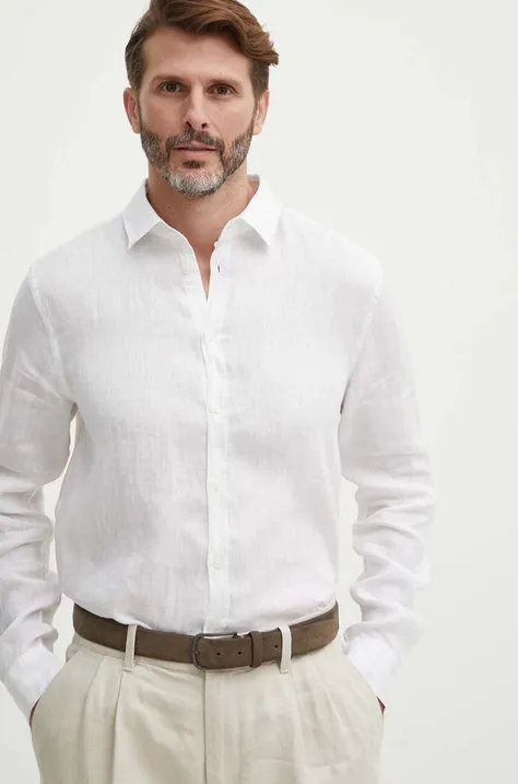 Ленена риза Sisley в бяло със стандартна кройка