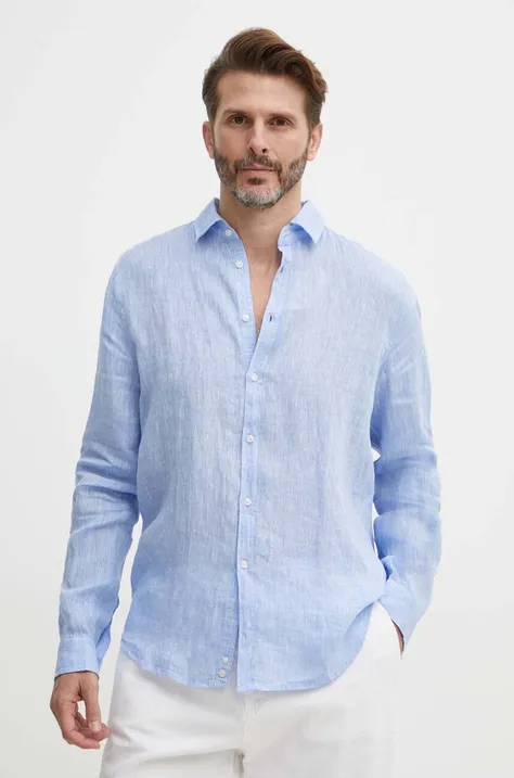 Ленена риза Sisley в синьо със стандартна кройка