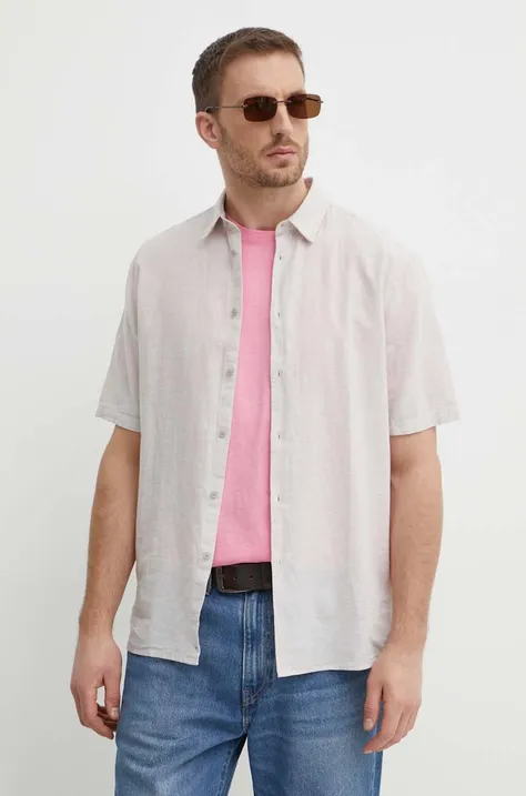 Ľanová košeľa Sisley béžová farba, regular, s klasickým golierom