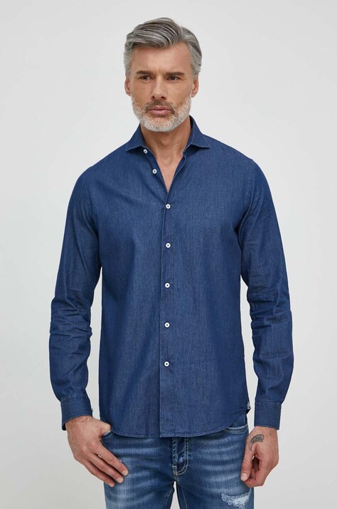 Liu Jo camasa jeans barbati, culoarea albastru marin, cu guler italian, regular