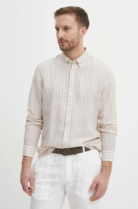 Lněná košile Michael Kors béžová barva, regular, s límečkem button-down
