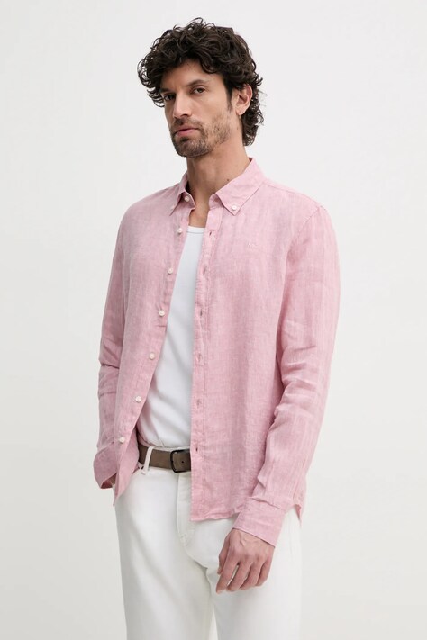 Lněná košile Michael Kors růžová barva, slim, s límečkem button-down