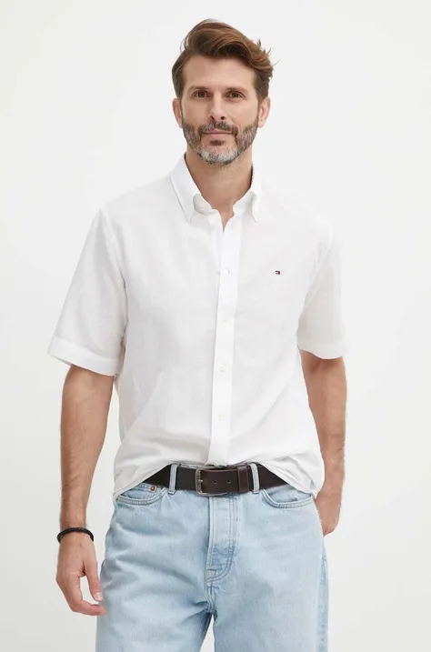 Риза с лен Tommy Hilfiger в бяло със стандартна кройка с яка копче MW0MW35323