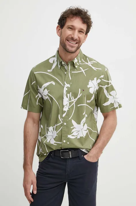 Βαμβακερό πουκάμισο Tommy Hilfiger ανδρικό, χρώμα: πράσινο, MW0MW34587