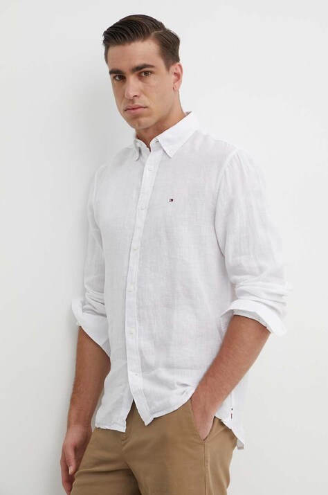 Tommy Hilfiger cămașă de in culoarea alb, cu guler button-down, regular, MW0MW34602