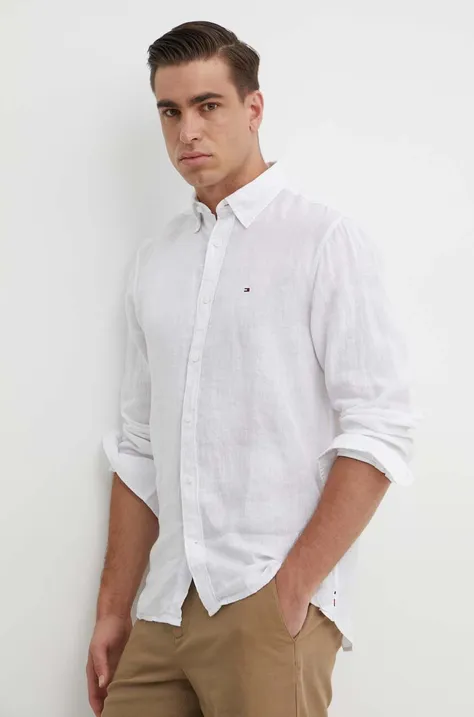 Ленена риза Tommy Hilfiger в бяло със стандартна кройка с яка копче MW0MW34602