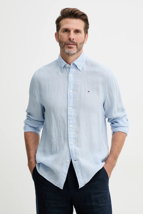 Сорочка з льону Tommy Hilfiger колір синій regular комір button-down MW0MW34602