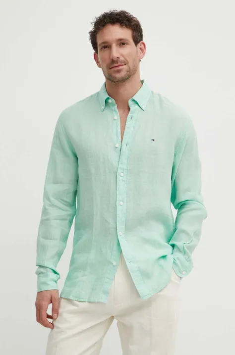 Lanena košulja Tommy Hilfiger boja: zelena, regular, s button-down ovratnikom, MW0MW34602