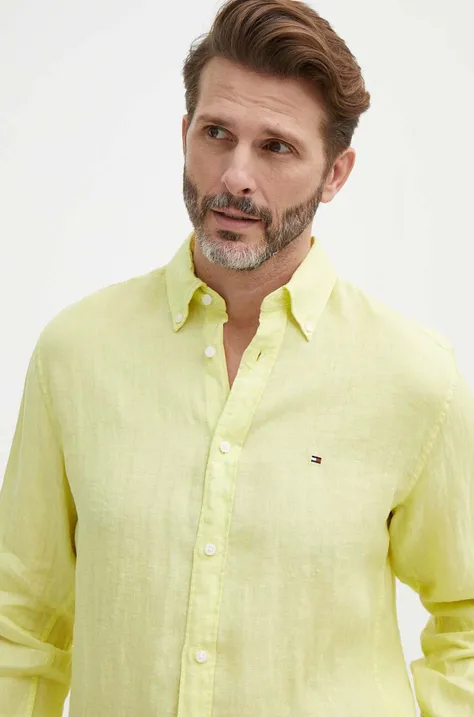 Lněná košile Tommy Hilfiger žlutá barva, regular, s límečkem button-down, MW0MW34602
