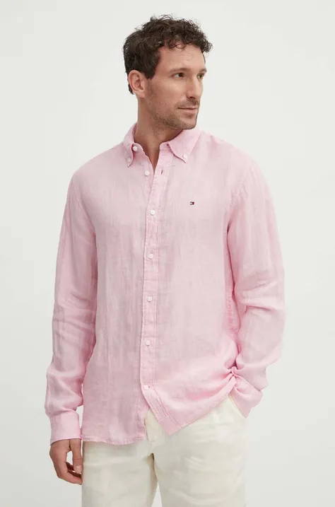 Lněná košile Tommy Hilfiger růžová barva, regular, s límečkem button-down, MW0MW34602
