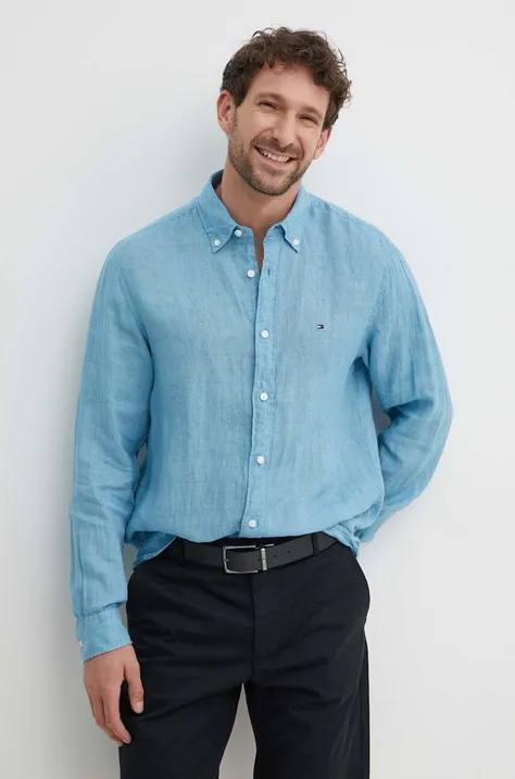 Ленена риза Tommy Hilfiger в синьо със стандартна кройка с яка копче MW0MW34602