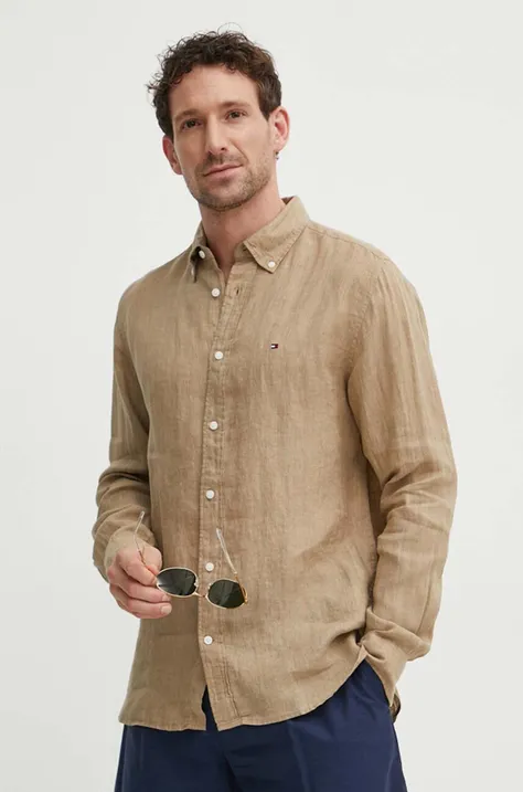 Льняная рубашка Tommy Hilfiger цвет бежевый regular воротник button-down MW0MW34602