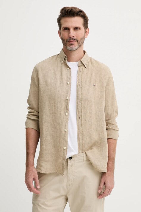 Льняная рубашка Tommy Hilfiger цвет синий regular воротник button-down MW0MW34602