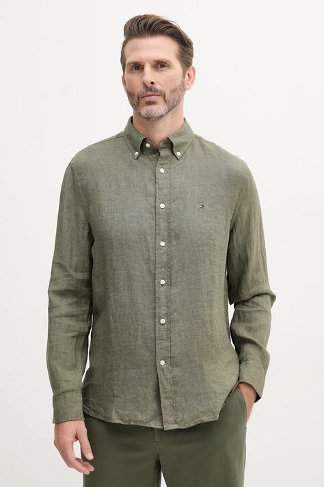 Lněná košile Tommy Hilfiger tmavomodrá barva, regular, s límečkem button-down, MW0MW34602